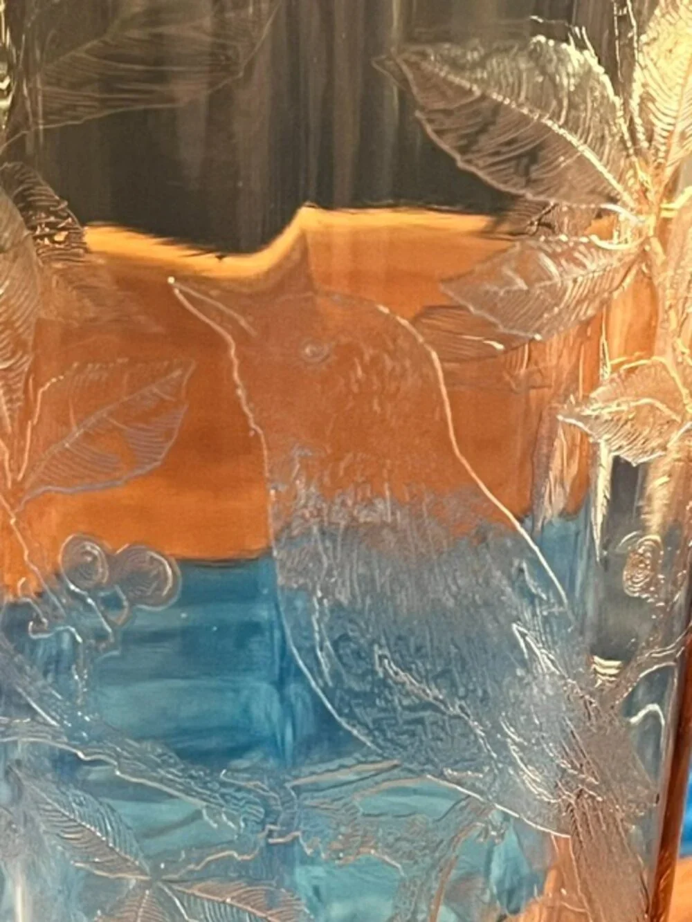 Cambridge Amber Etched Glass #717 Bird & Butterfly 13